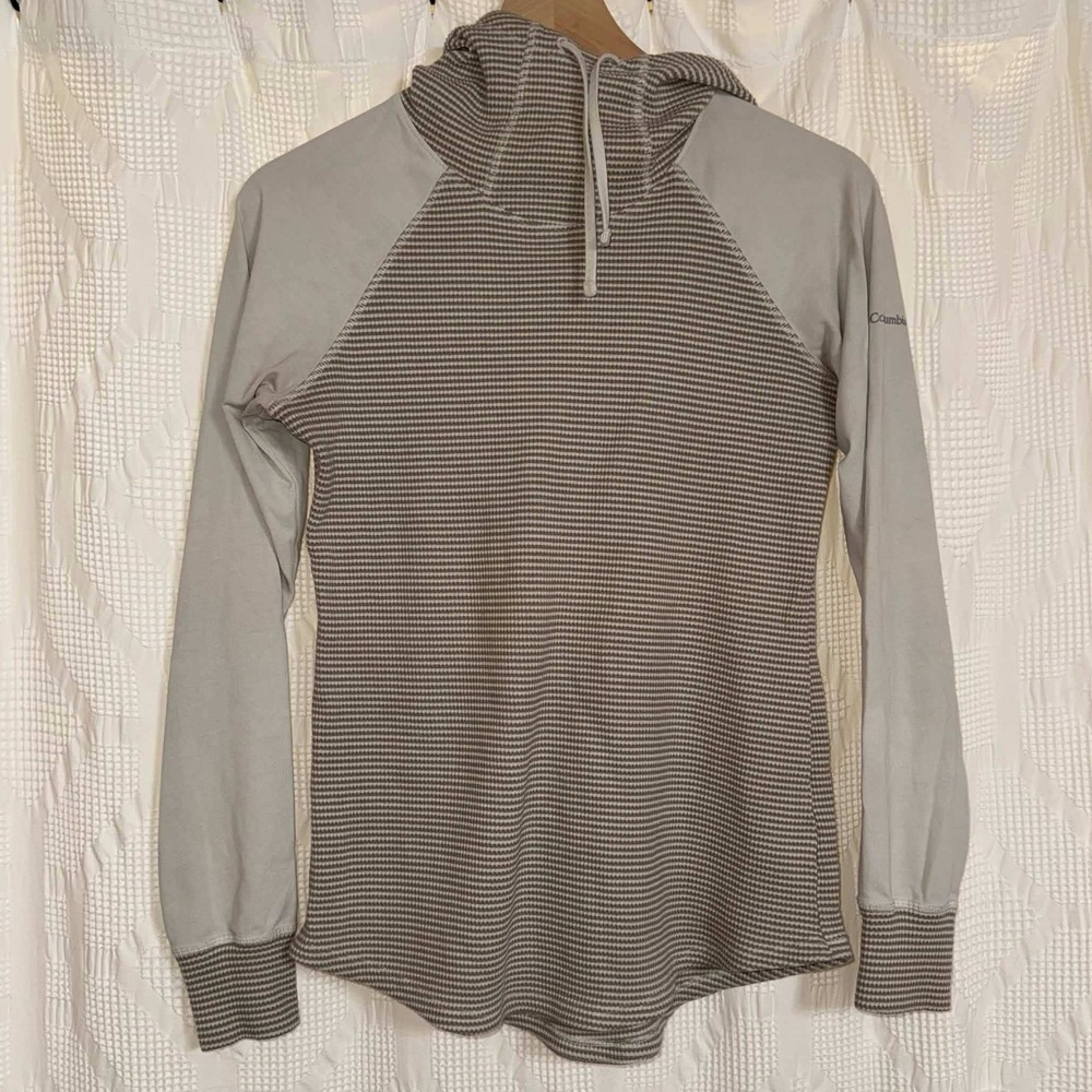 Columbia Hoodie Tan Stripe Waffle Knit Cowl Neck Raglan Activewear Gorpcore L